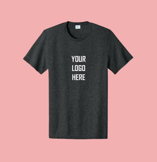 A dark heather gray crewneck t-shirt with 'YOUR LOGO HERE' printed in white block letters on the chest, displayed on a solid white background.